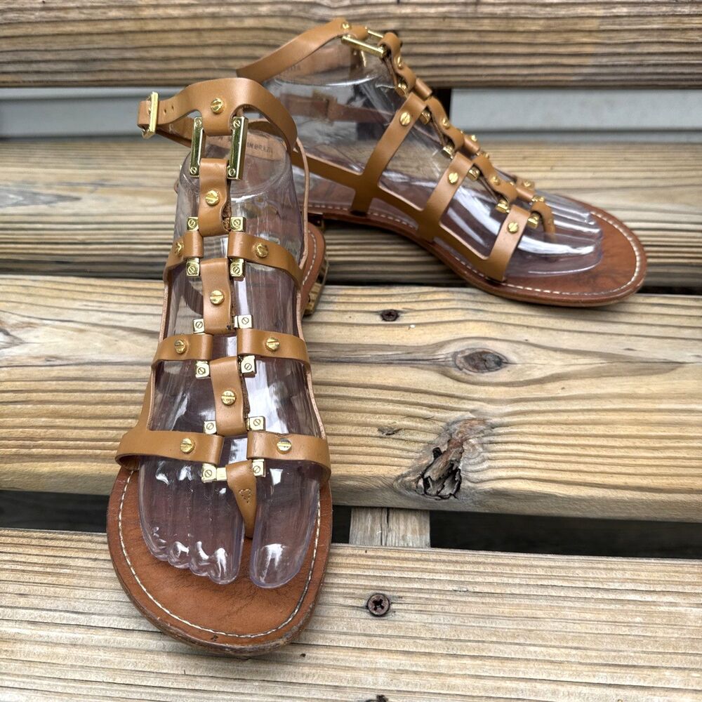 VTG Tory Burch Brown Leather Gladiator Sandals Gold Hardware Flat Thong 9M* Flaw